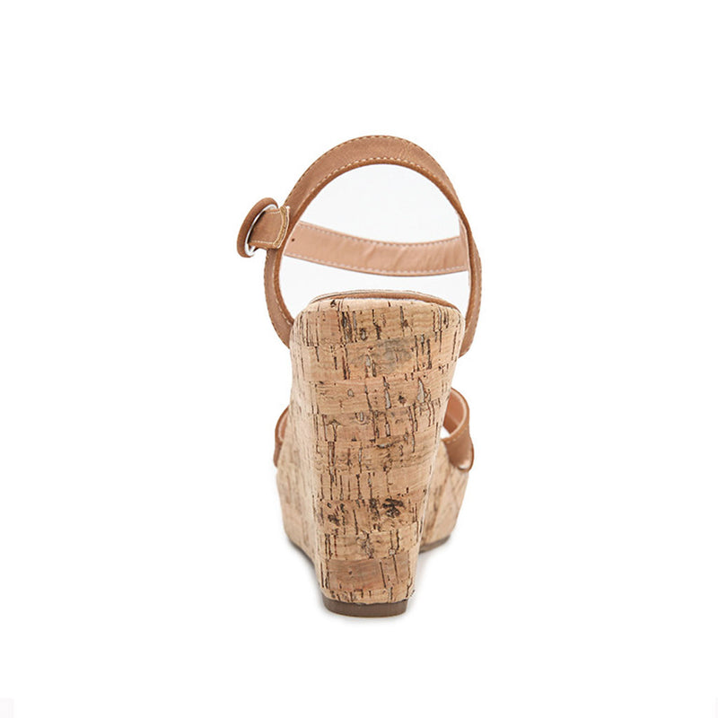 Casual Round Toe Ankle Strap Platform Cork Wedge Sandals - Brown