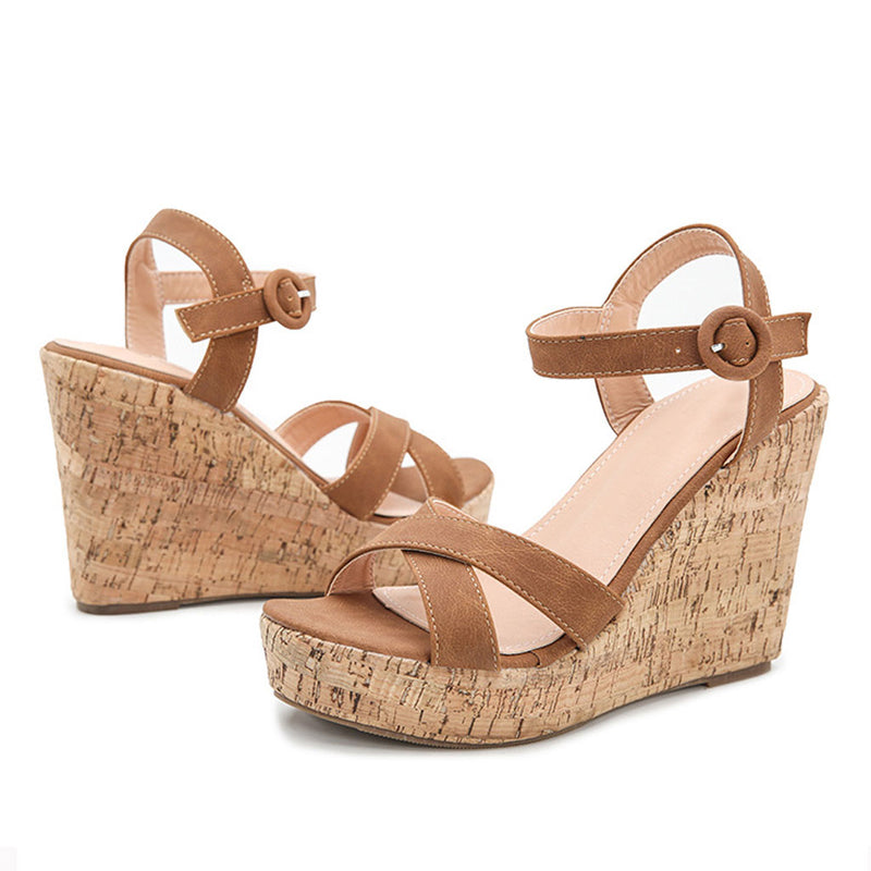 Casual Round Toe Ankle Strap Platform Cork Wedge Sandals - Brown