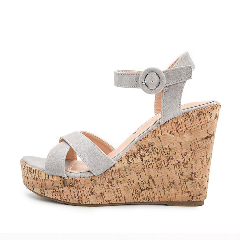 Casual Round Toe Ankle Strap Platform Cork Wedge Sandals - Grey