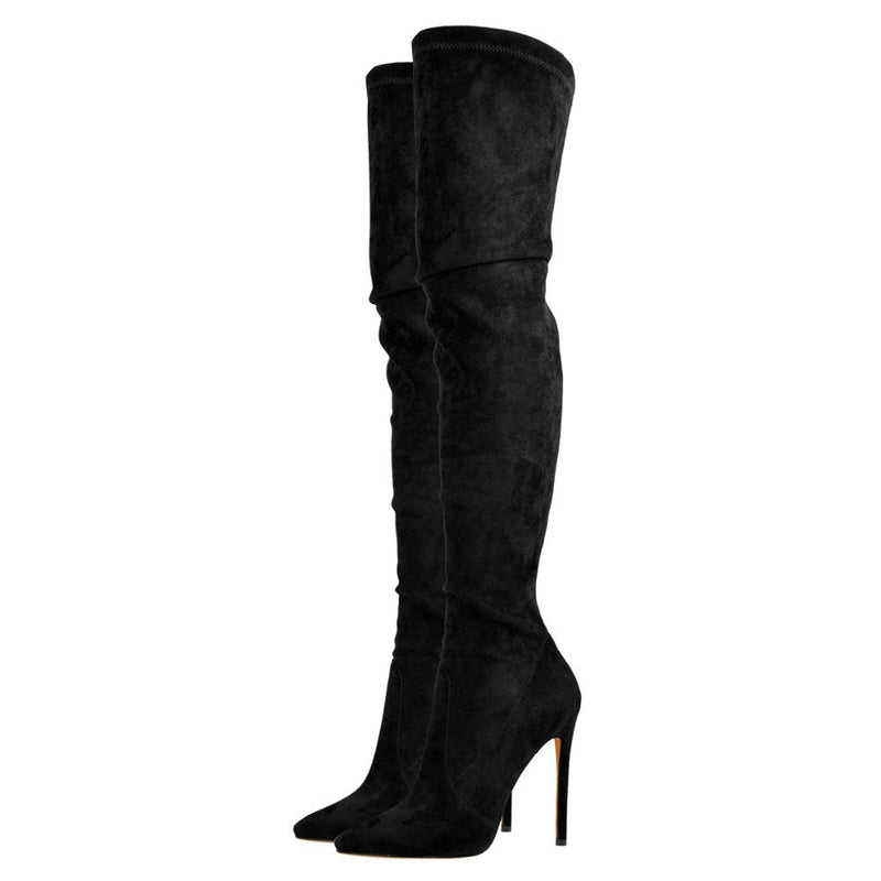 Casual Suede Pointed Toe Stiletto Over Knee Boots - Black