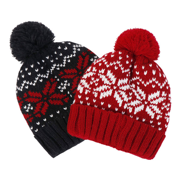 Celebrity Pom Pom Fold Over Jacquard Knit Holiday Hat - Red
