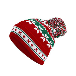 Cheerful Pom Pom Trim Christmas Pattern Knitted Hat - Red
