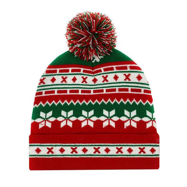 Cheerful Pom Pom Trim Christmas Pattern Knitted Hat - Red