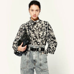 Chic Abstract Print Bishop Sleeve High Neck French Blouse - Black