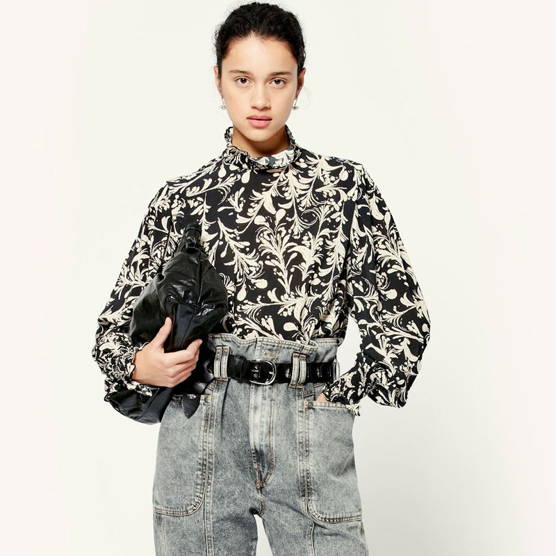 Chic Abstract Print Bishop Sleeve High Neck French Blouse - Black