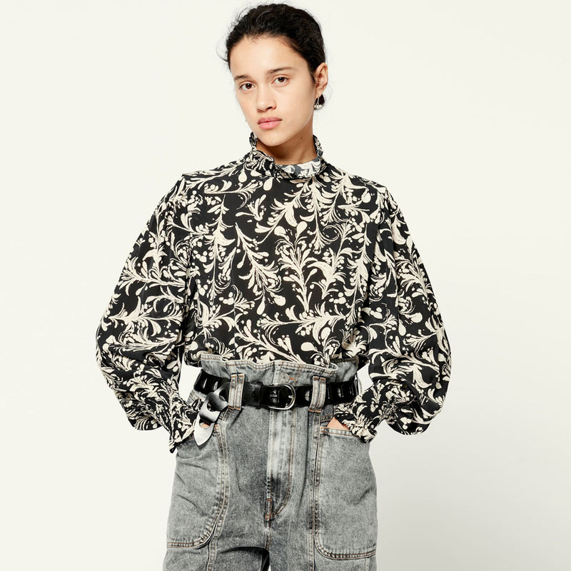 Chic Abstract Print Bishop Sleeve High Neck French Blouse - Black