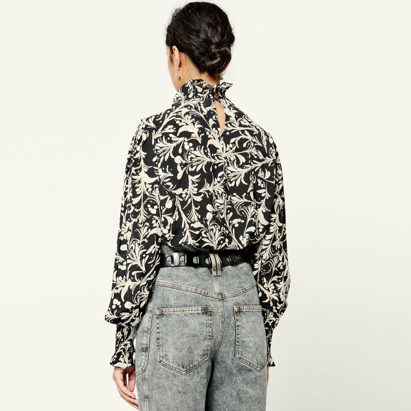 Chic Abstract Print Bishop Sleeve High Neck French Blouse - Black