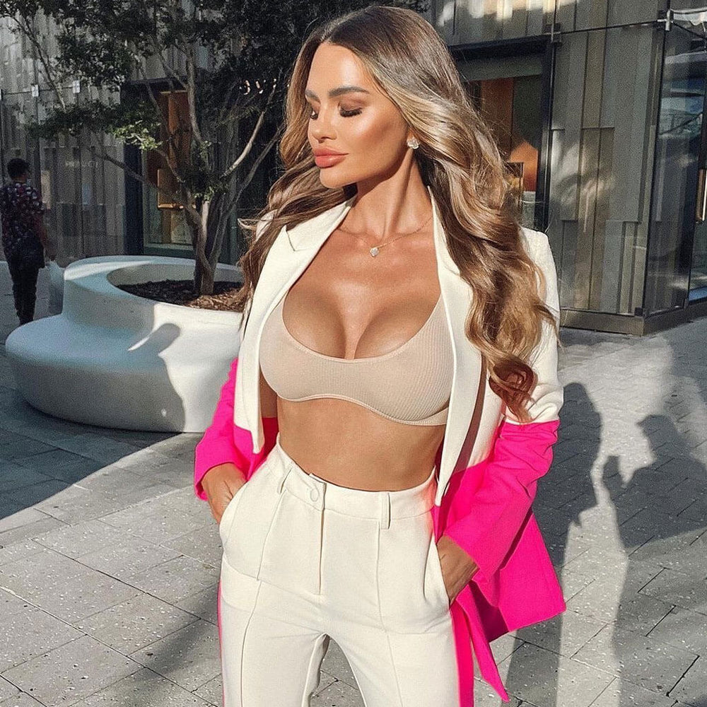 Chic Color Panel Single Breasted Bootcut Blazer Matching Set Pink Luxedress