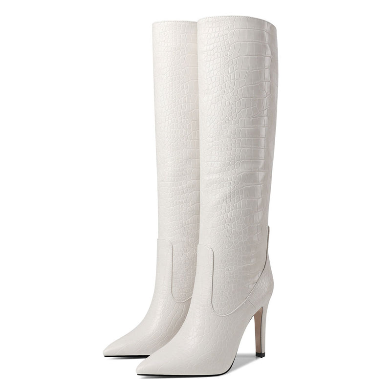 Chic Croc Effect Faux Leather Pointed Toe Knee High Stiletto Boots - Off White