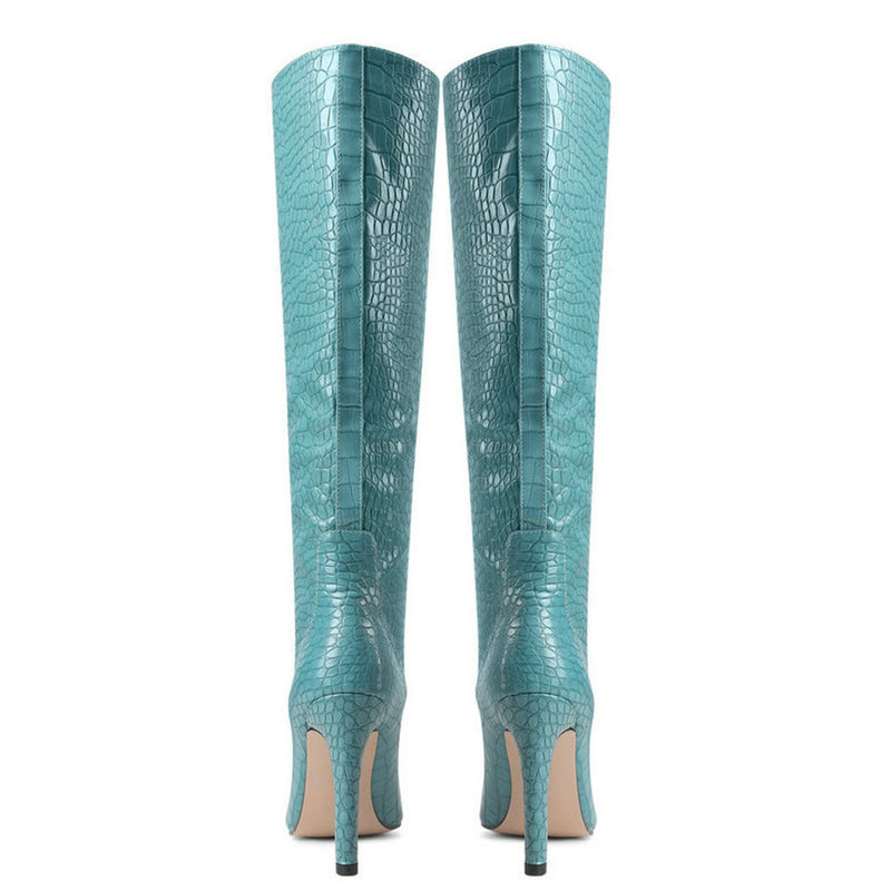 Chic Croc Effect Faux Leather Pointed Toe Knee High Stiletto Boots - Teal