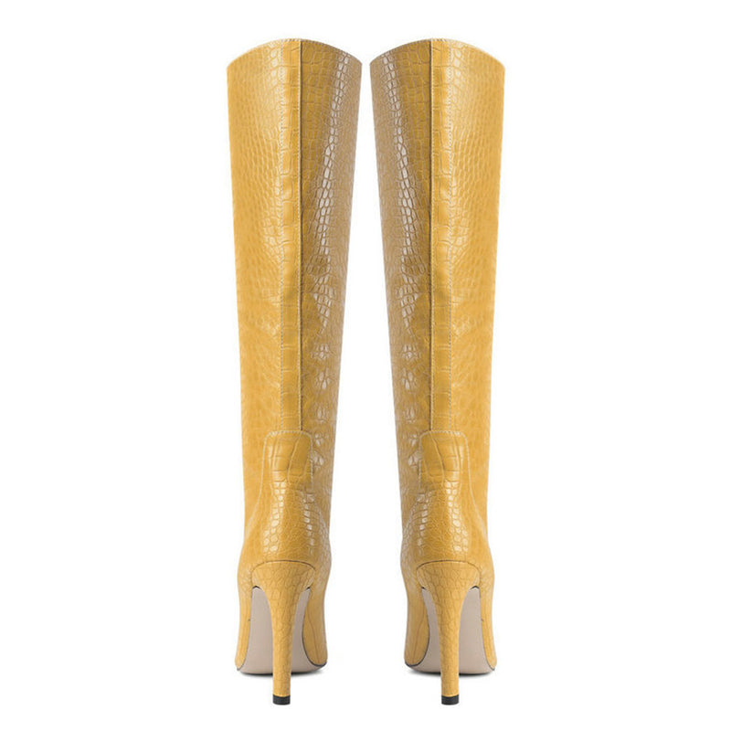 Chic Croc Effect Faux Leather Pointed Toe Knee High Stiletto Boots - Yellow