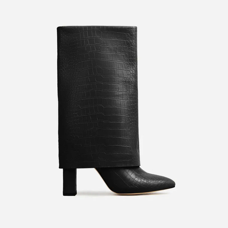 Chic Croc Effect Foldover Mid-Calf Pointed Toe Block Heel Boots - Black