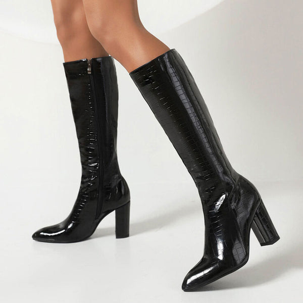 Chic Croc Effect Pointed Toe Chunky Heel Knee High Boots - Black