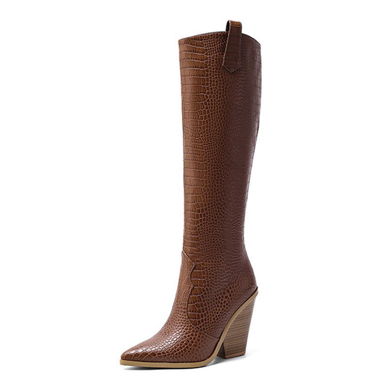 Chic Croc Effect Pointed Toe Knee High Cuban Heel Boots - Brown