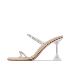 Chic Crystal Embellished Clear PVC Square Toe Martini Heel Mules - Apricot