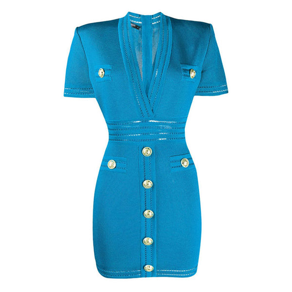Chic Embossed Button Deep V Shoulder Pad Short Sleeve Textured Knit Mini Dress
