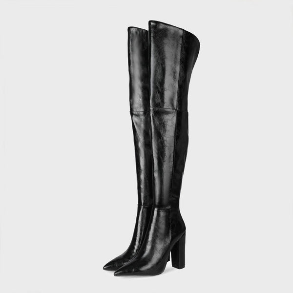 Chic Faux Leather Over Knee Pointed Toe Block Heel Boots - Black