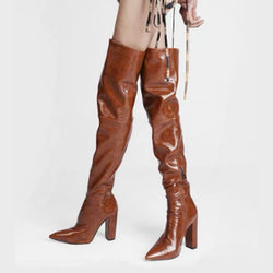 Chic Faux Leather Over Knee Pointed Toe Block Heel Boots - Brown