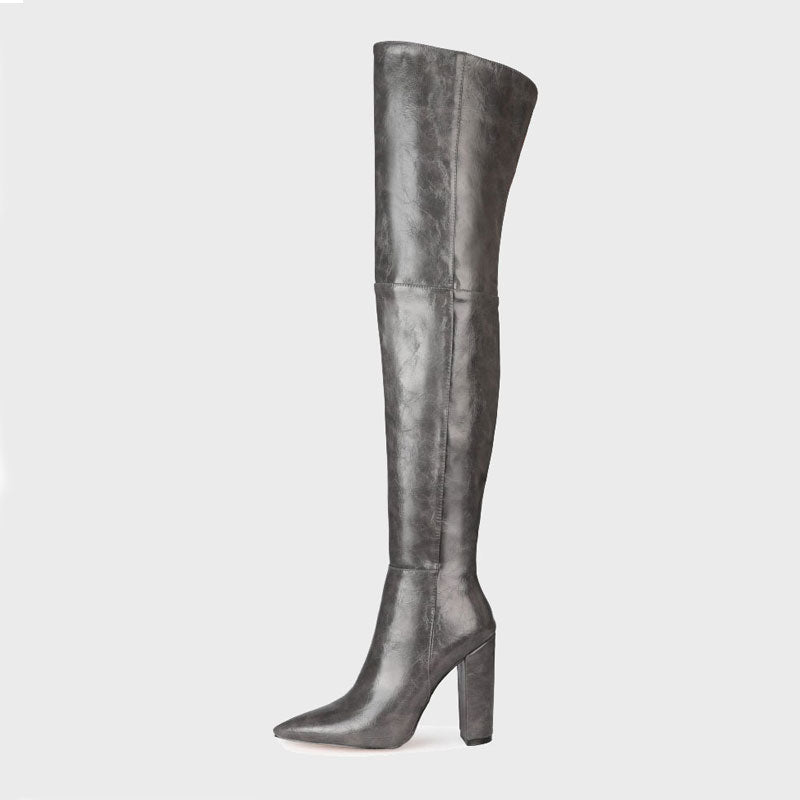 Chic Faux Leather Over Knee Pointed Toe Block Heel Boots - Grey