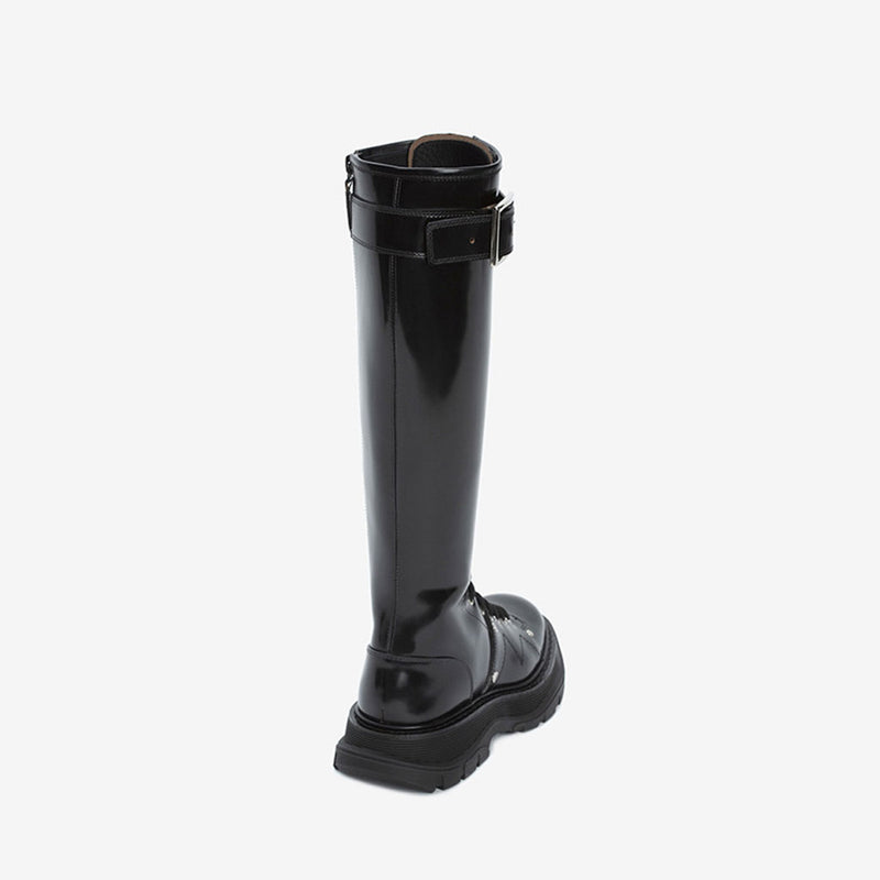 Chic Lace Up Buckle Detail Patent Leather Knee High Boots - Black