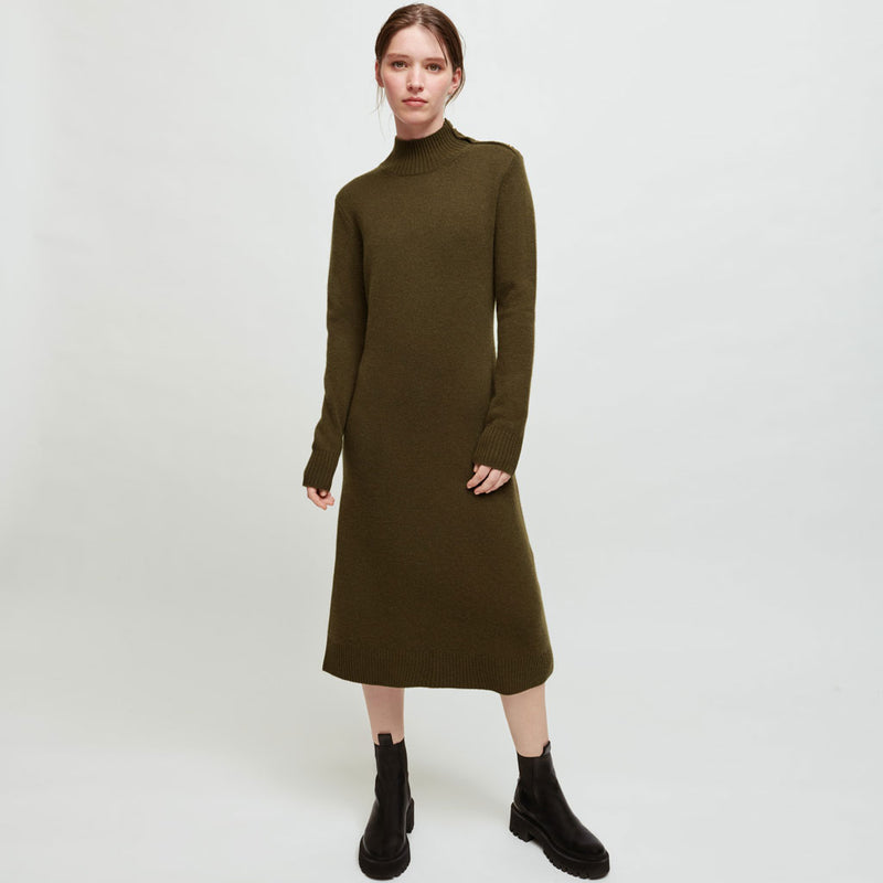 Chic Long Sleeve Button Trim High Neck Midi Sweater Dress - Army Green