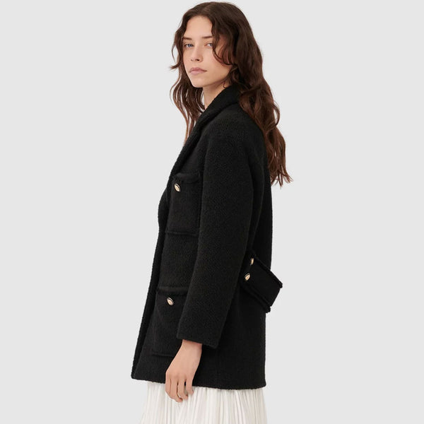 Chic Long Sleeve Pocket Front Lapel Collar Tweed Coat - Black