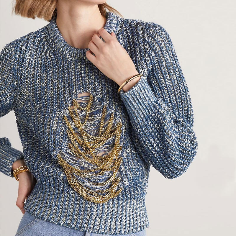 Chic Metal Chain Embellished Distressed Front Marled Knit Pullover Sweater - Blue