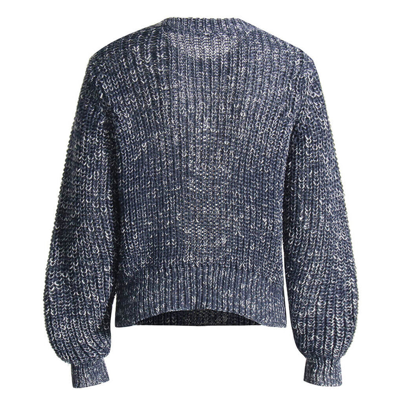 Chic Metal Chain Embellished Distressed Front Marled Knit Pullover Sweater - Blue