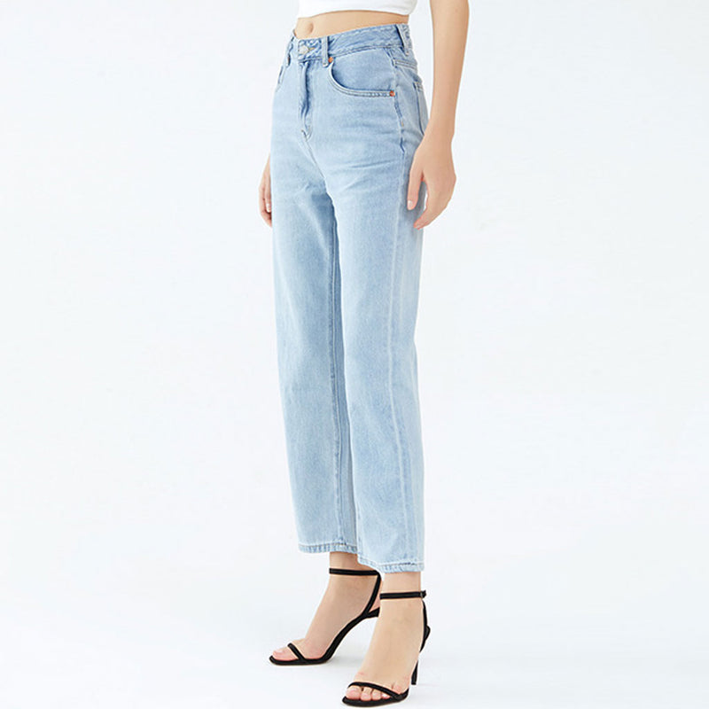 Chic Mid Waist Ankle Length Faded Wide Leg Jeans - Light Blue