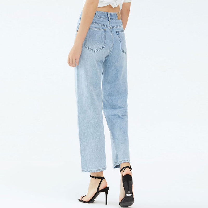 Chic Mid Waist Ankle Length Faded Wide Leg Jeans - Light Blue