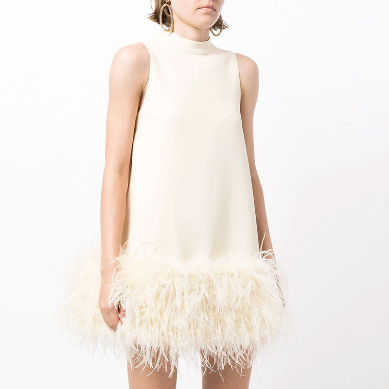 Chic Mock Neck A Line Feather Trim Sleeveless Mini Dress - White