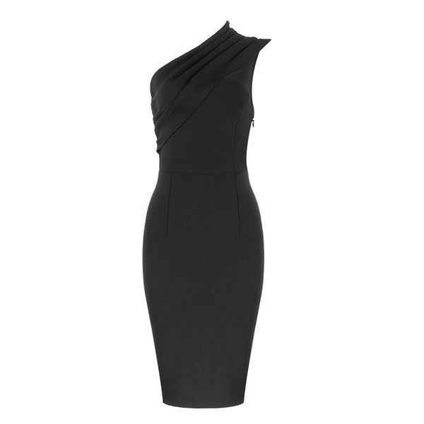 Chic One Shoulder Ruched Trim Bodycon Bandage Midi Dress - Black