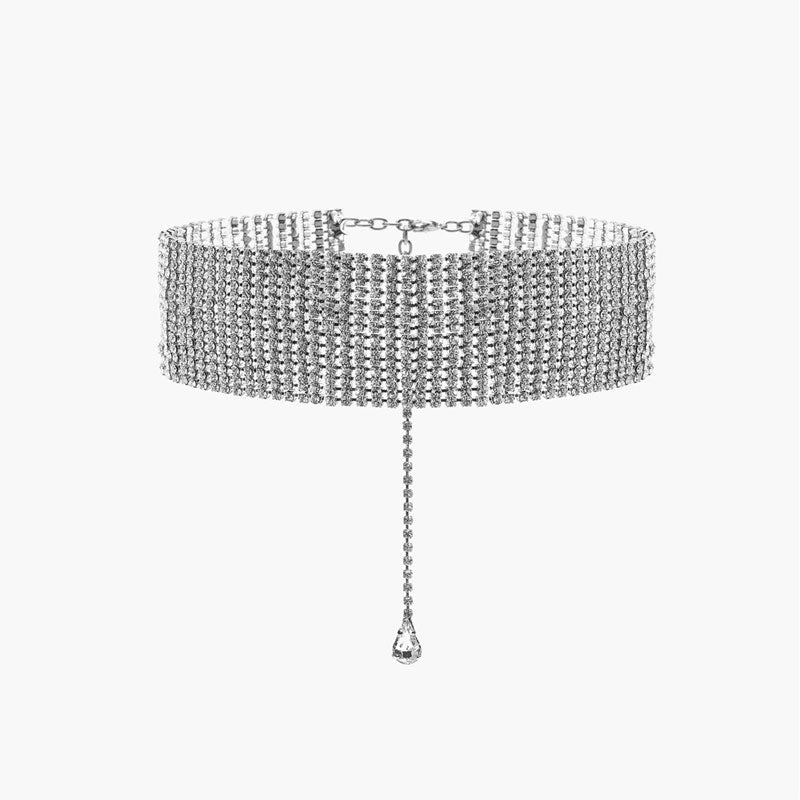Chic Pear Cut Pendant Rhinestone Embellished Choker Necklace - Silver