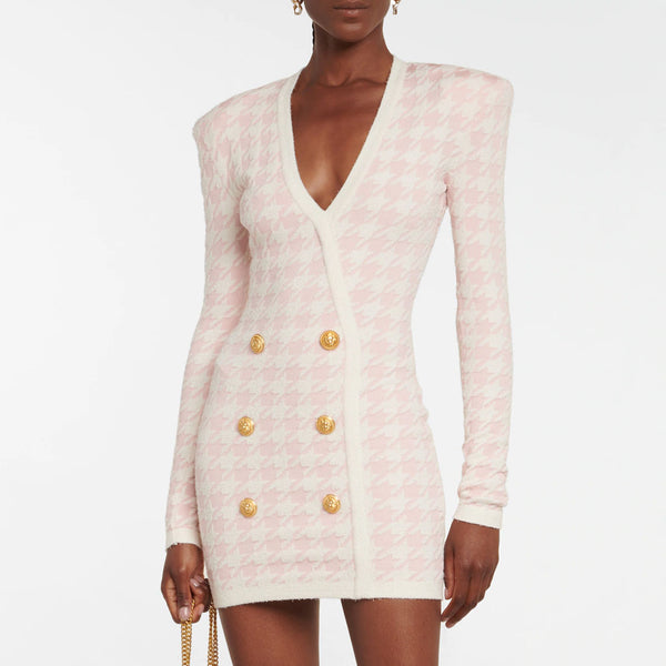 Chic Plunging Neck Double Breasted Houndstooth Jacquard Mini Sweater Dress - Pink