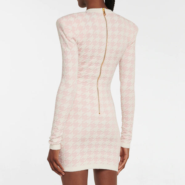 Chic Plunging Neck Double Breasted Houndstooth Jacquard Mini Sweater Dress - Pink