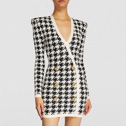 Chic Plunging Neck Double Breasted Houndstooth Jacquard Mini Sweater Dress - Black