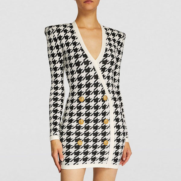 Chic Plunging Neck Double Breasted Houndstooth Jacquard Mini Sweater Dress - Black