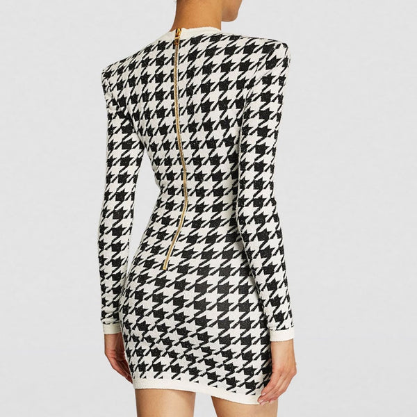 Chic Plunging Neck Double Breasted Houndstooth Jacquard Mini Sweater Dress - Black