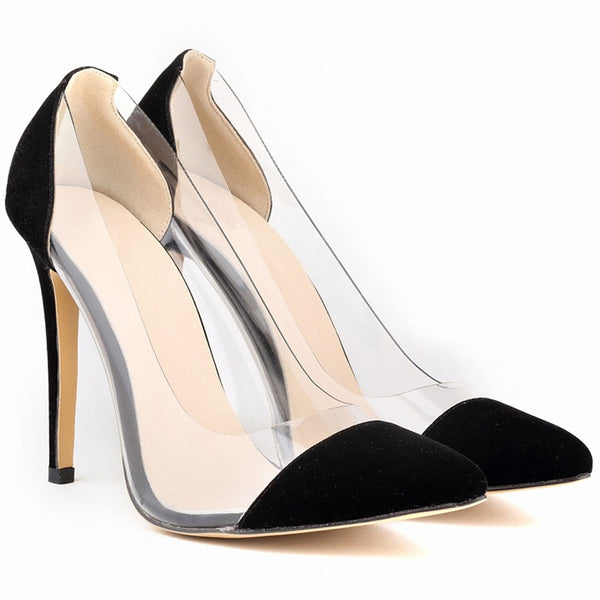 Chic Pointed Toe Clear Panel High Heel Suede Pumps - Black