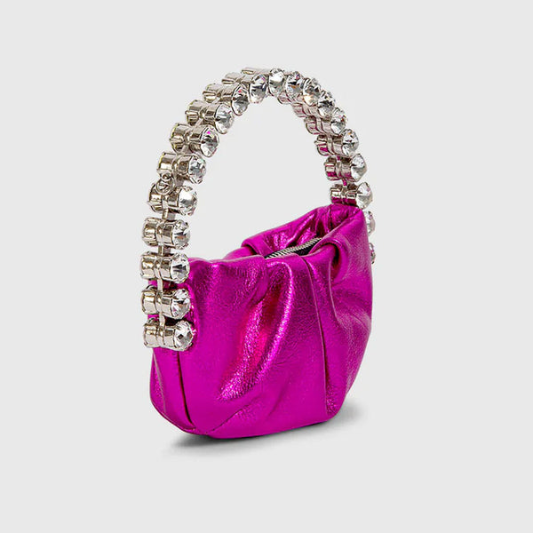Chic Rhinestone Embellished Gathered Leather Semicircular Mini Clutch - Pink