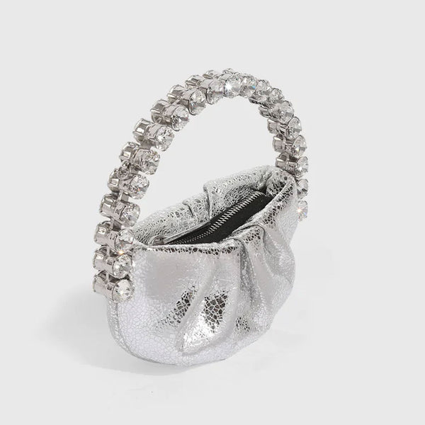 Chic Rhinestone Embellished Gathered Leather Semicircular Mini Clutch - Silver