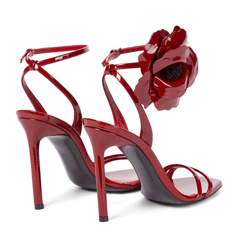 Chic Rose Petal Square Toe High Heel Strappy Sandals - Red