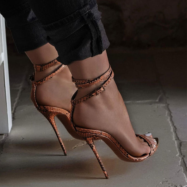 Chic Snakeskin Faux Leather Pointed Toe Ankle Wrap Stiletto Sandals - Orange