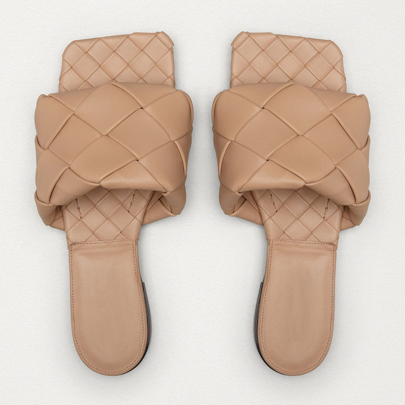 Chic Square Toe Braided Leather Slides - Apricot
