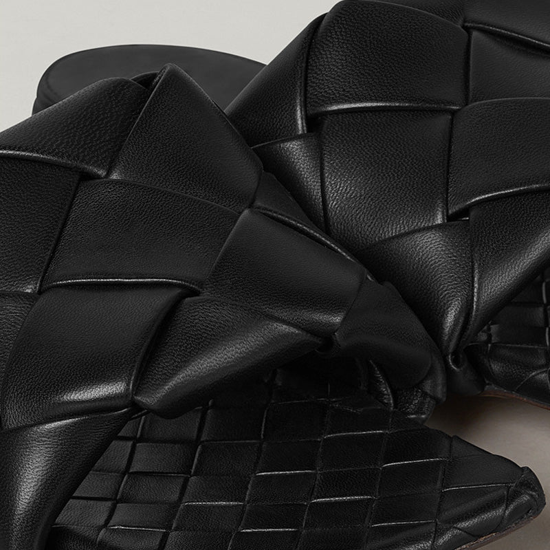 Chic Square Toe Braided Leather Slides - Black