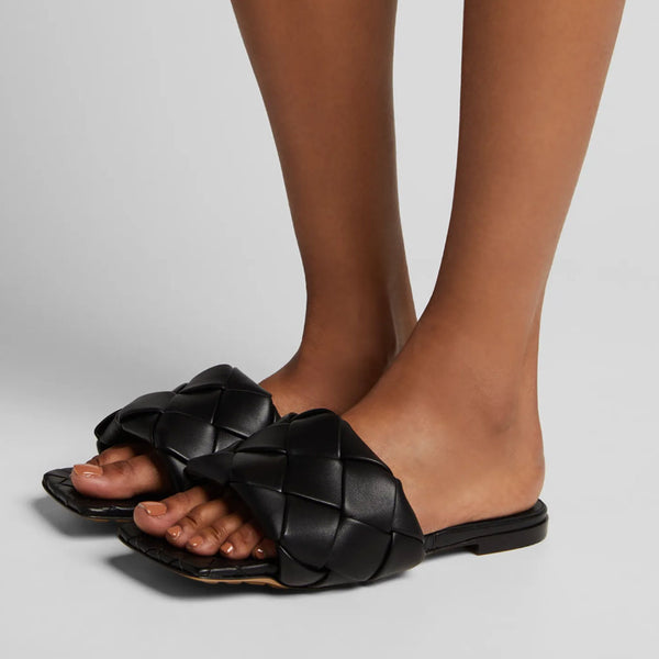 Chic Square Toe Braided Leather Slides - Black