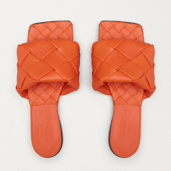 Chic Square Toe Braided Leather Slides - Burnt Orange