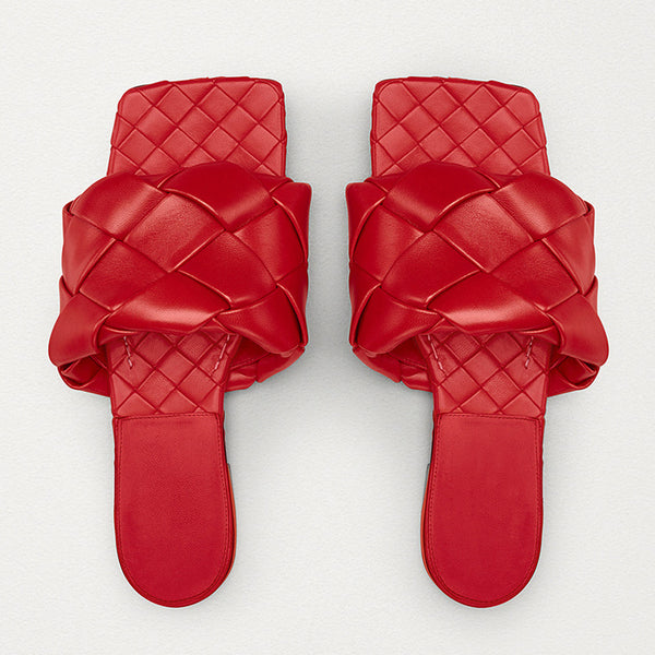 Chic Square Toe Braided Leather Slides - Red