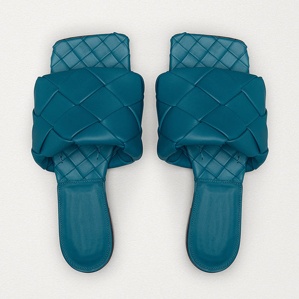 Chic Square Toe Braided Leather Slides - Teal