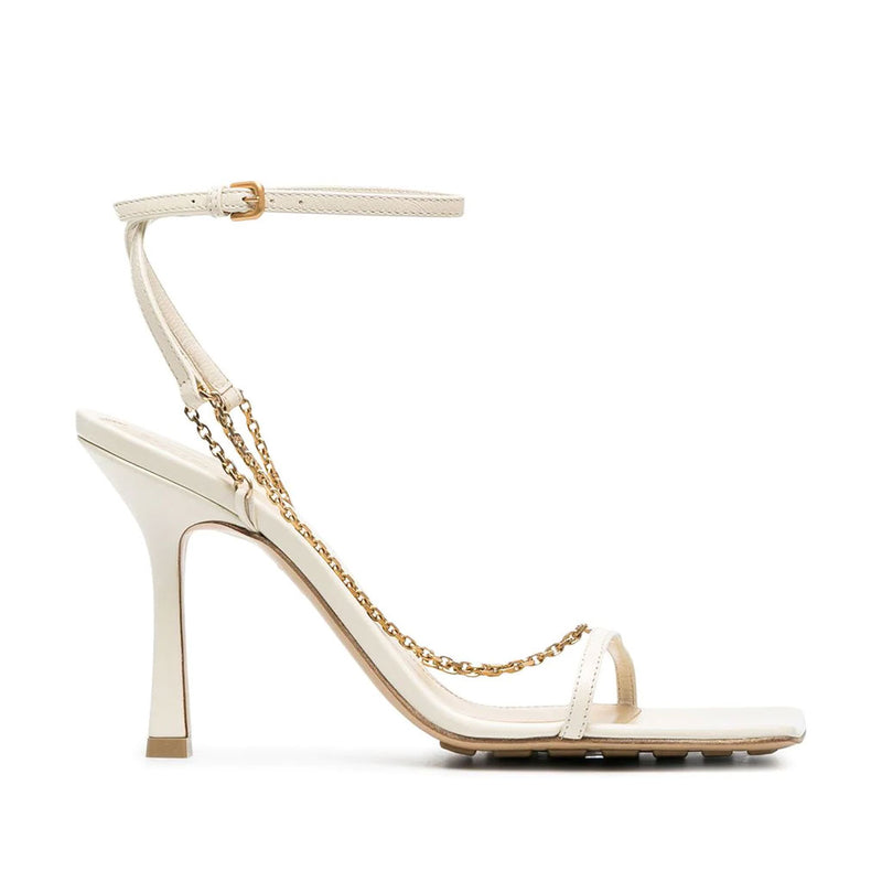 Chic Square Toe Chain Trim Strappy Stiletto Sandals - White